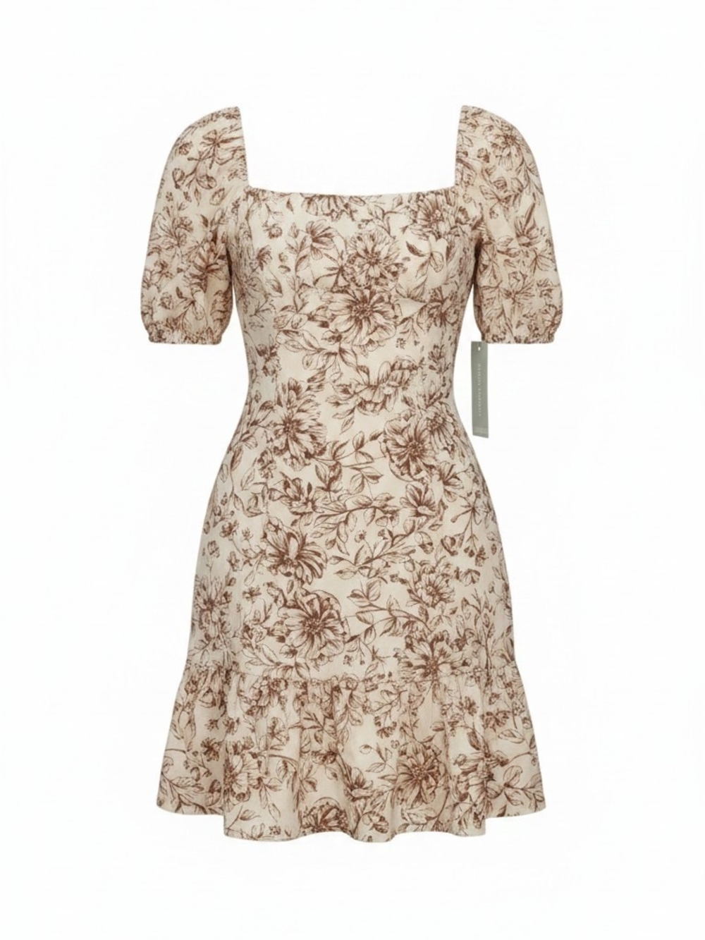 London Times Floral Puff Sleeve Dress  Cream & Brown Linen SZ 6 NWT